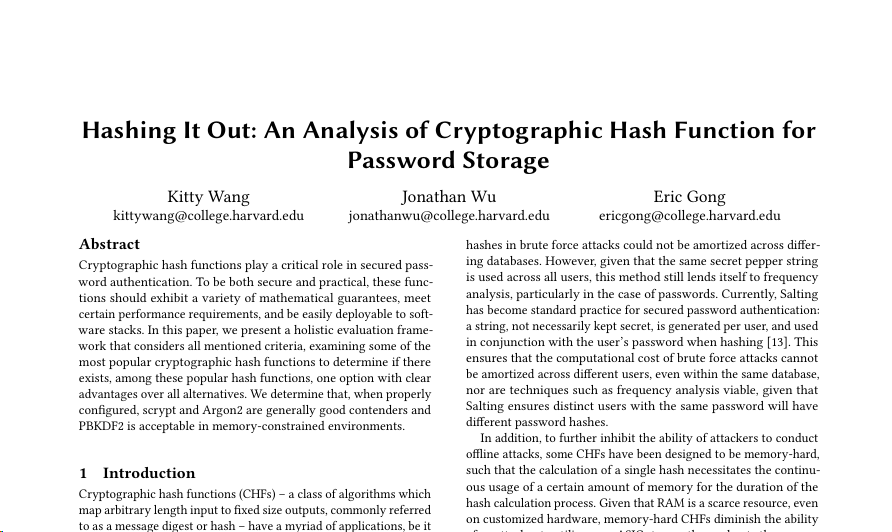 Hashing it Out: An Analysis of Cryptographic Hash Functions for Password Storage